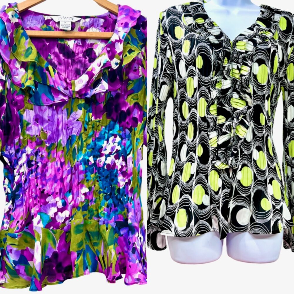 Allison Taylor & Laura Max Blouse L+XL Pleated Ruffle V-Neck Bell Sleeve(#53 - Picture 3 of 14